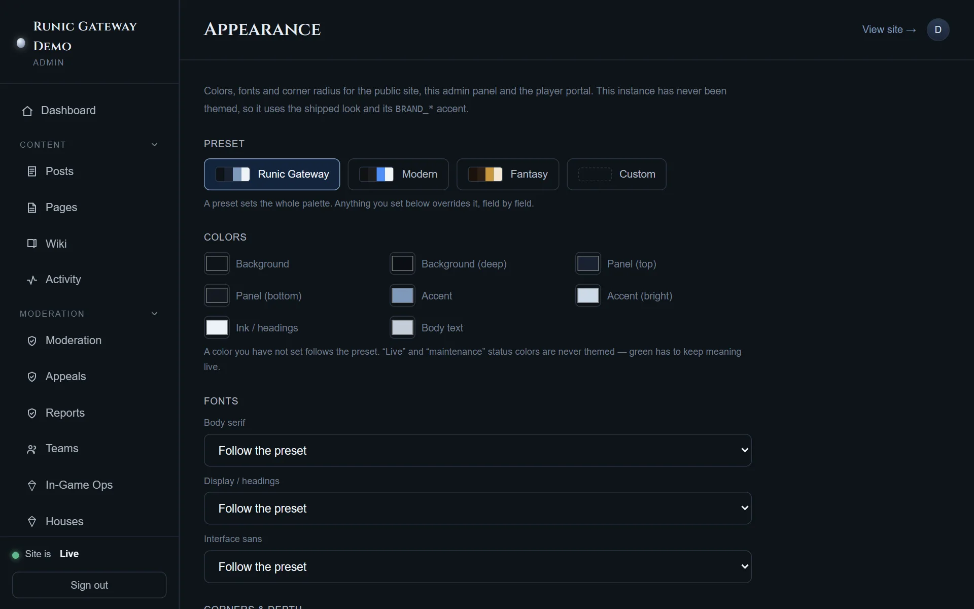 The appearance screen, showing the colour and typography controls a deployment uses to set its own theme.