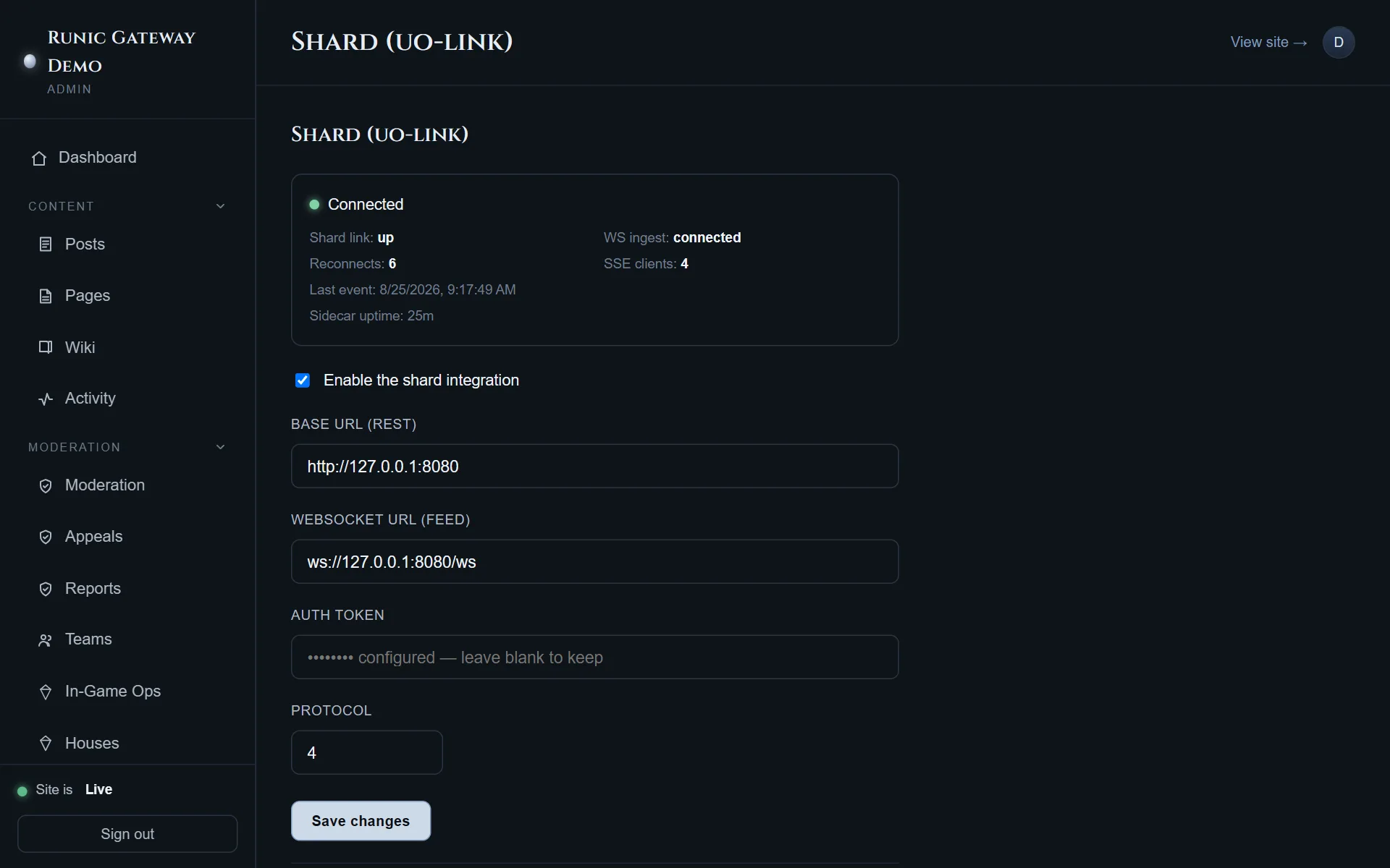 The shard connection screen, showing the sidecar connected, the websocket ingest live, and fields for the sidecar URL, token and protocol version.