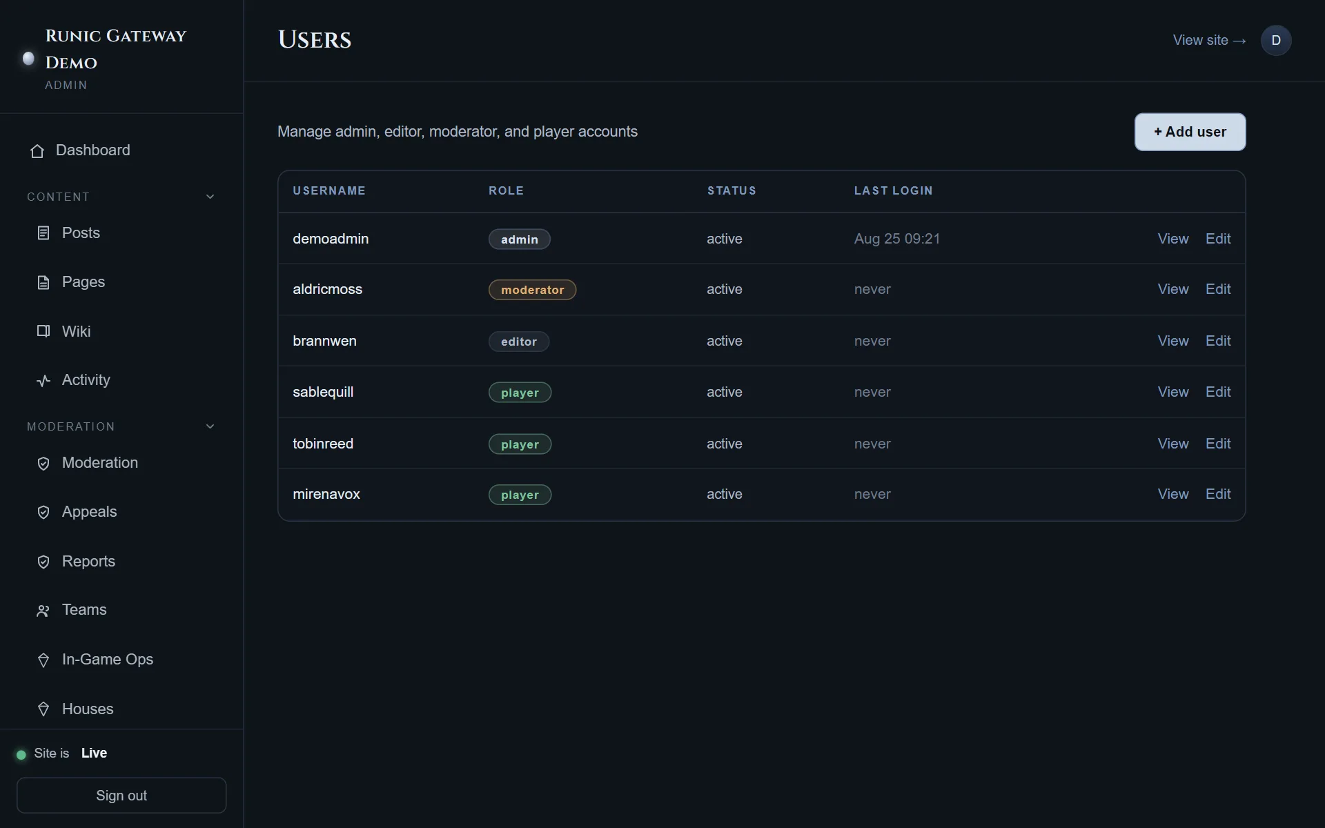 The users screen, listing accounts with their role and status and the controls to change them.