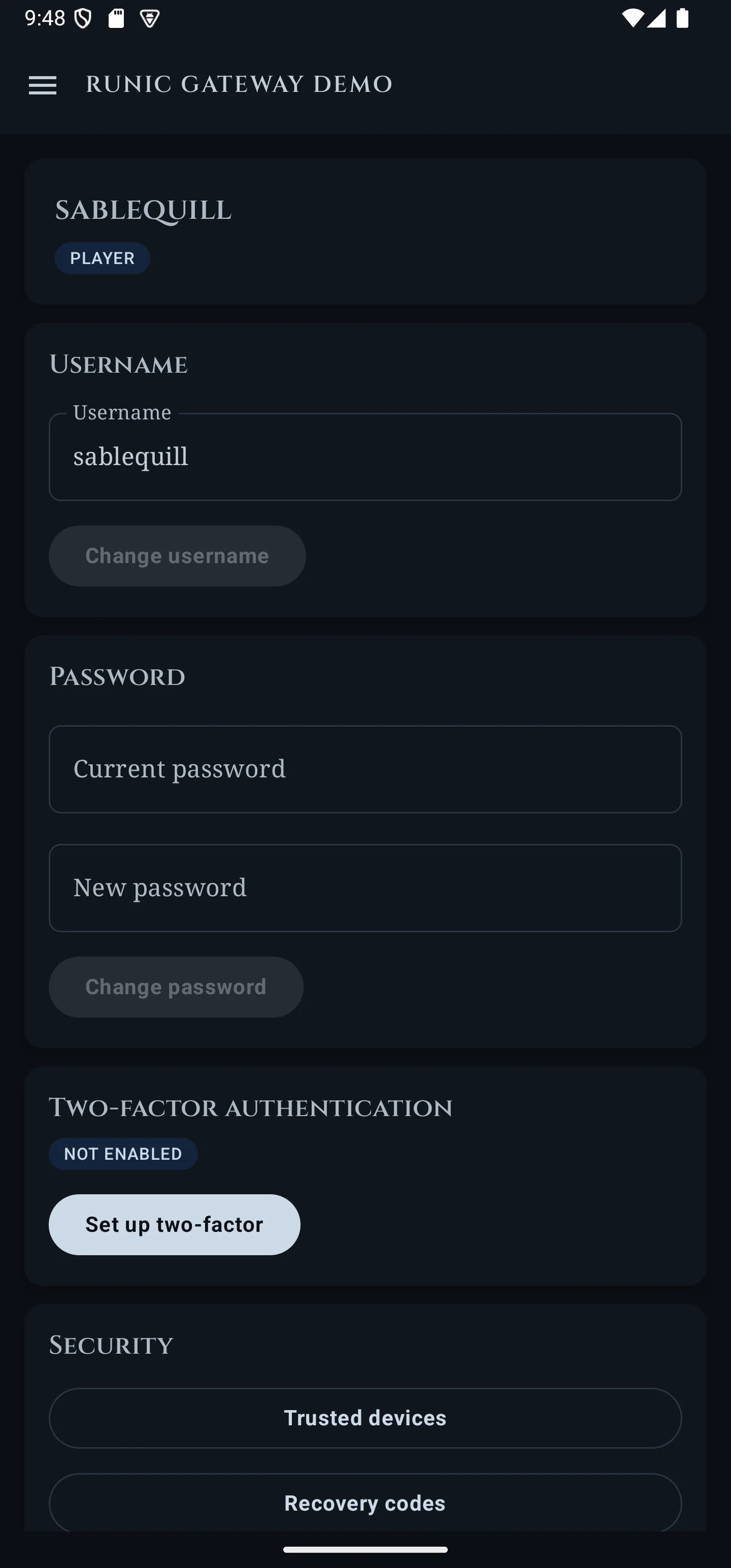 The app's account screen for a signed-in player, with username and password controls, two-factor authentication, trusted devices and recovery codes.