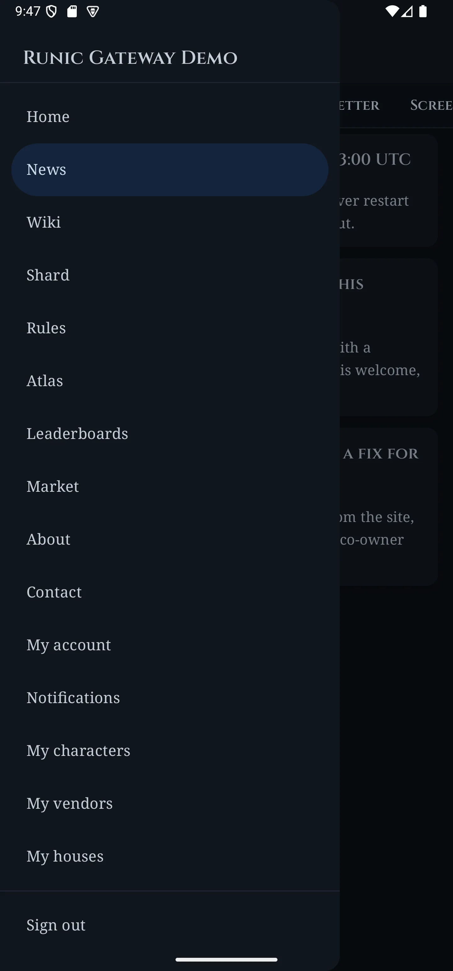 The app's navigation drawer for a signed-in player, listing the deployment's own pages above the player's own account, characters, vendors and houses.
