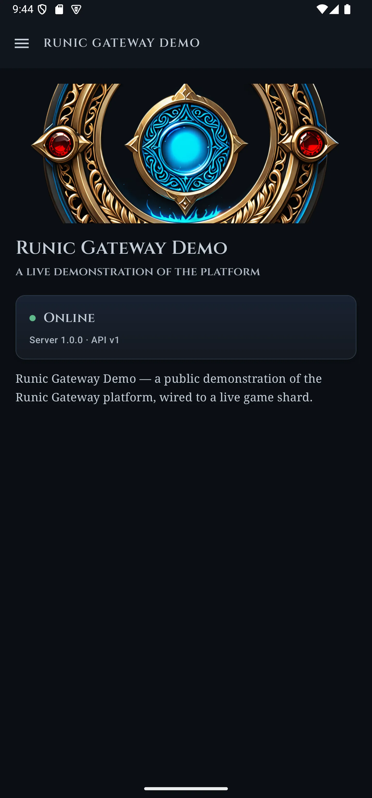 The app's home screen, showing the deployment's emblem and name, a live online indicator and its description.
