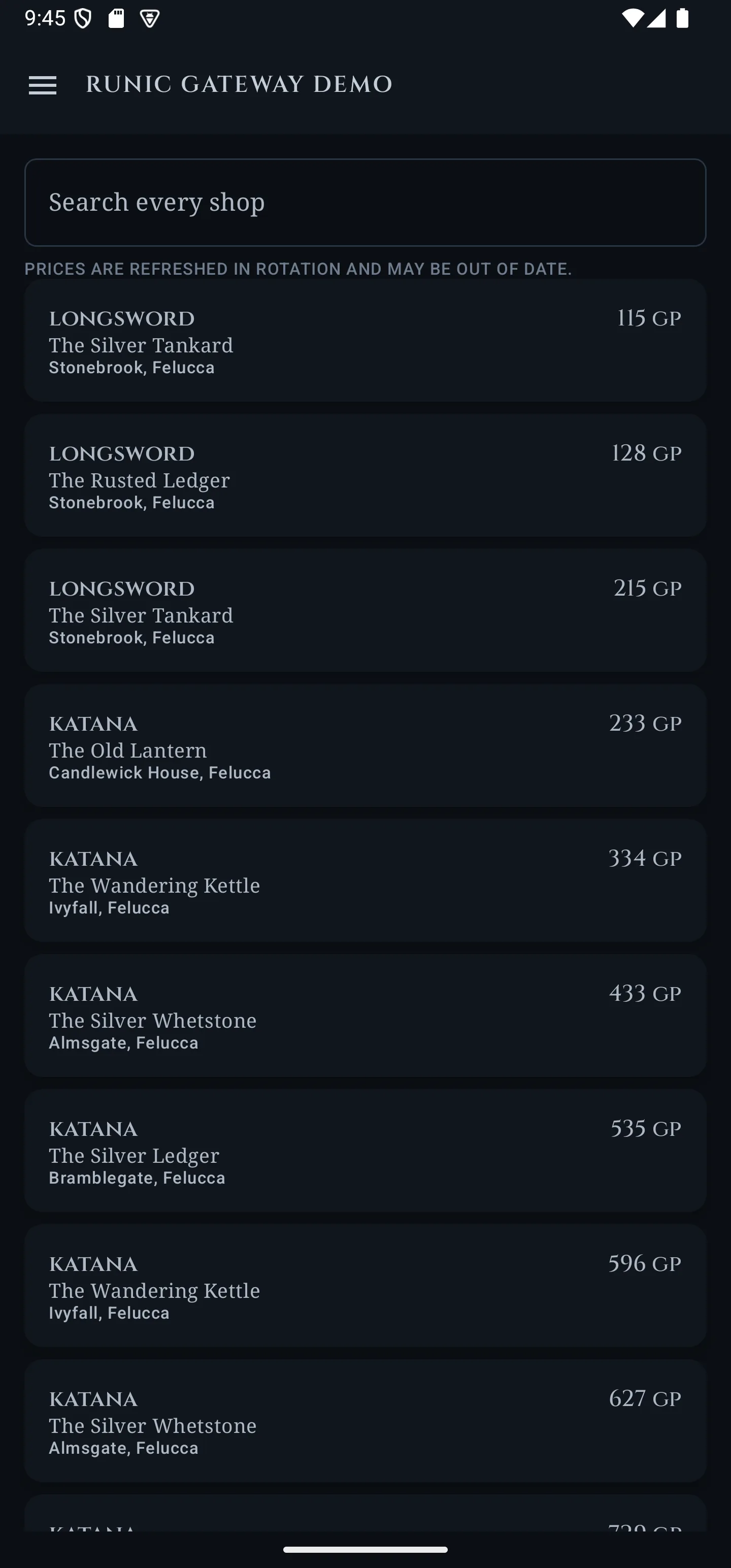 The app's marketplace, listing weapons for sale with their price, the shop selling them and where it stands.