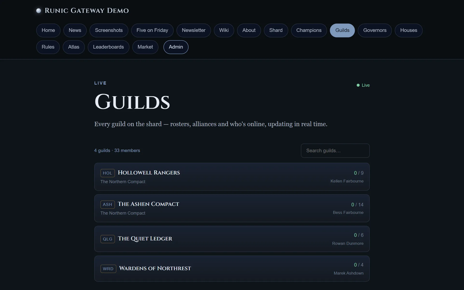 The guilds page, listing each guild on the shard with its abbreviation, how many members are online, and its leader.