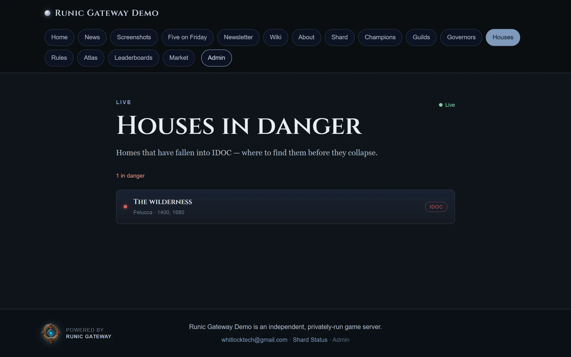 The houses page, listing homes that have entered their final decay stage with their owner and location.