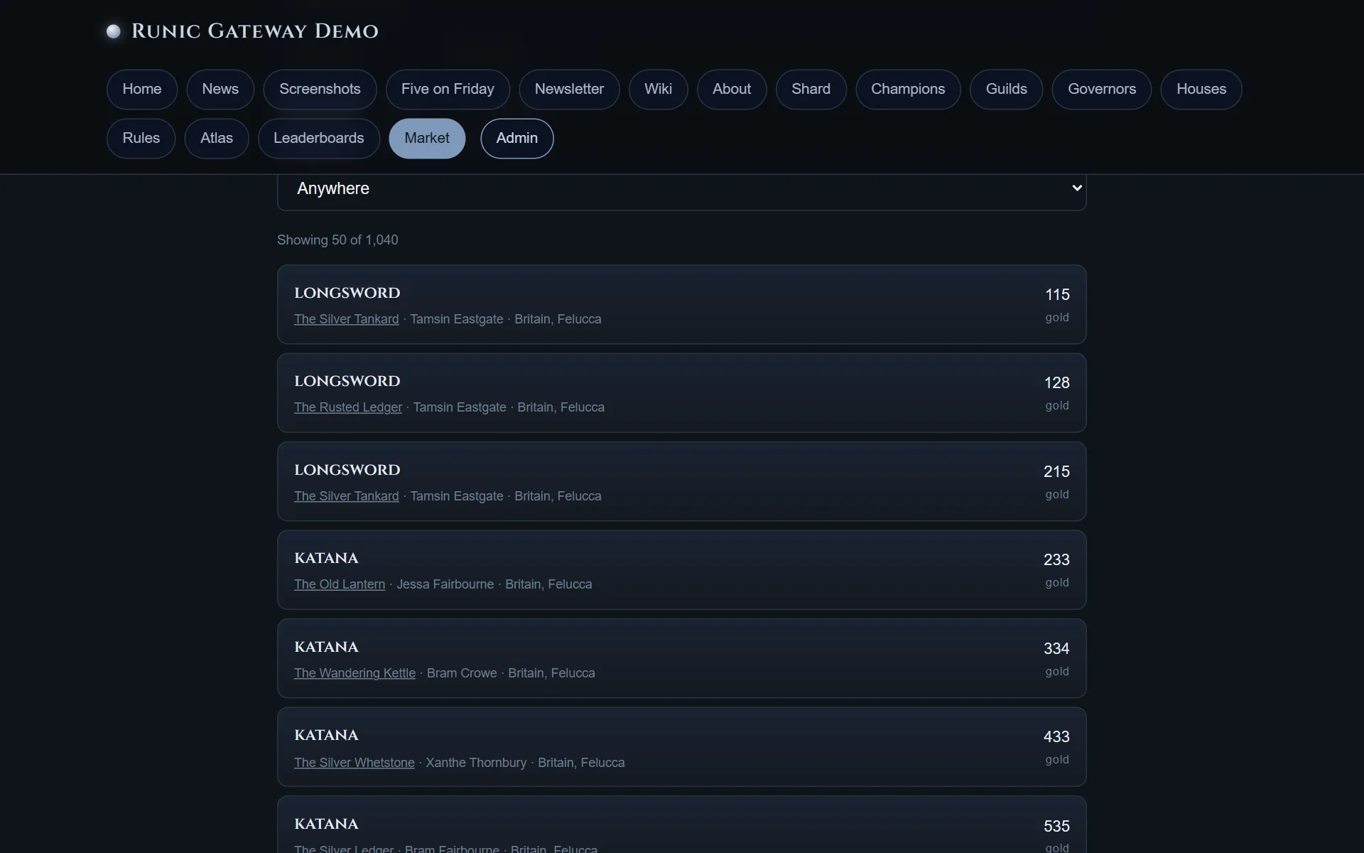 The marketplace page, listing items for sale by player vendors with their prices, shop names and locations, above a search box and price filters.