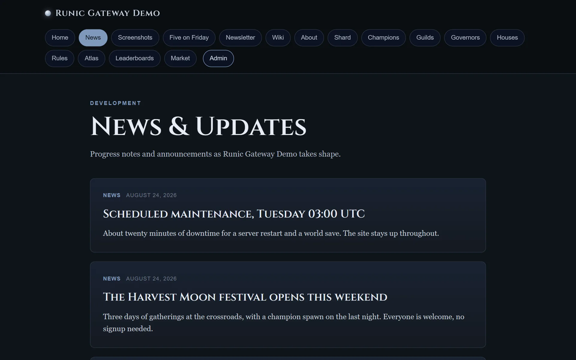 The news page, listing posts with their category, date, headline and summary.