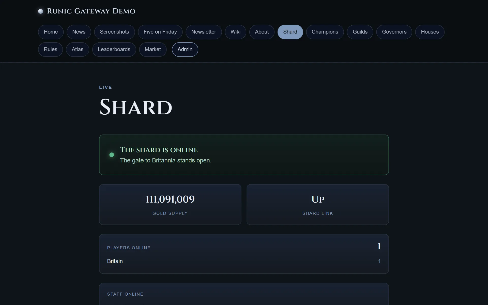 The shard page of a Runic Gateway site, showing the shard online, its gold supply, the state of the shard link, and one player online in Britain.